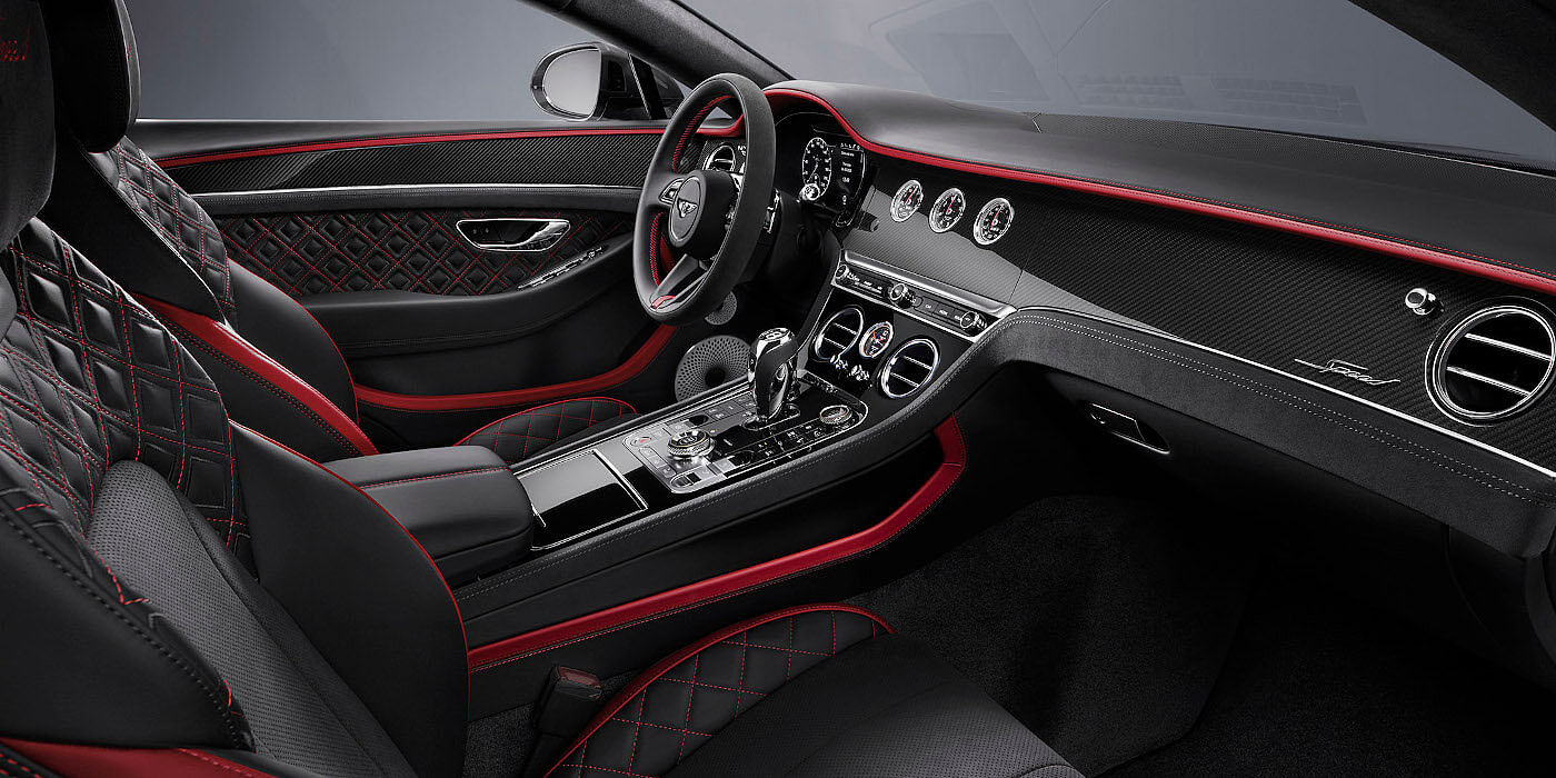 Bentley Manchester Bentley Continental GT Speed coupe front interior in Beluga black and Hotspur red hide