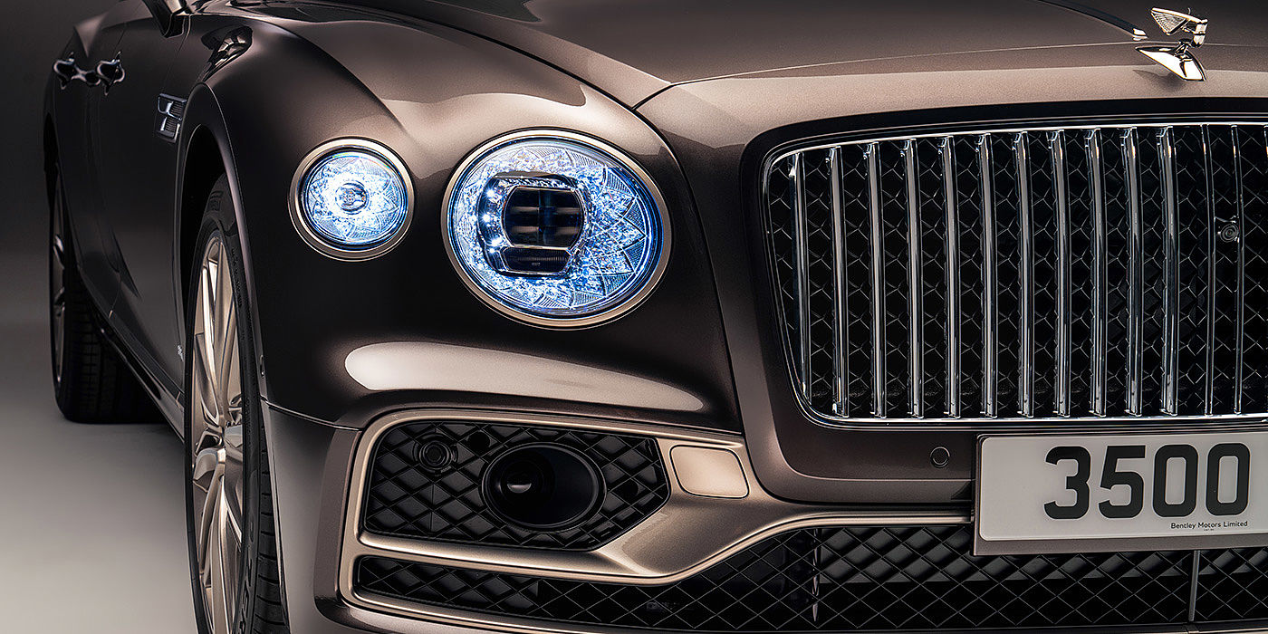 Bentley Manchester Bentley Flying Spur Odyssean sedan front grille and illuminated led lamps with Brodgar brown paint