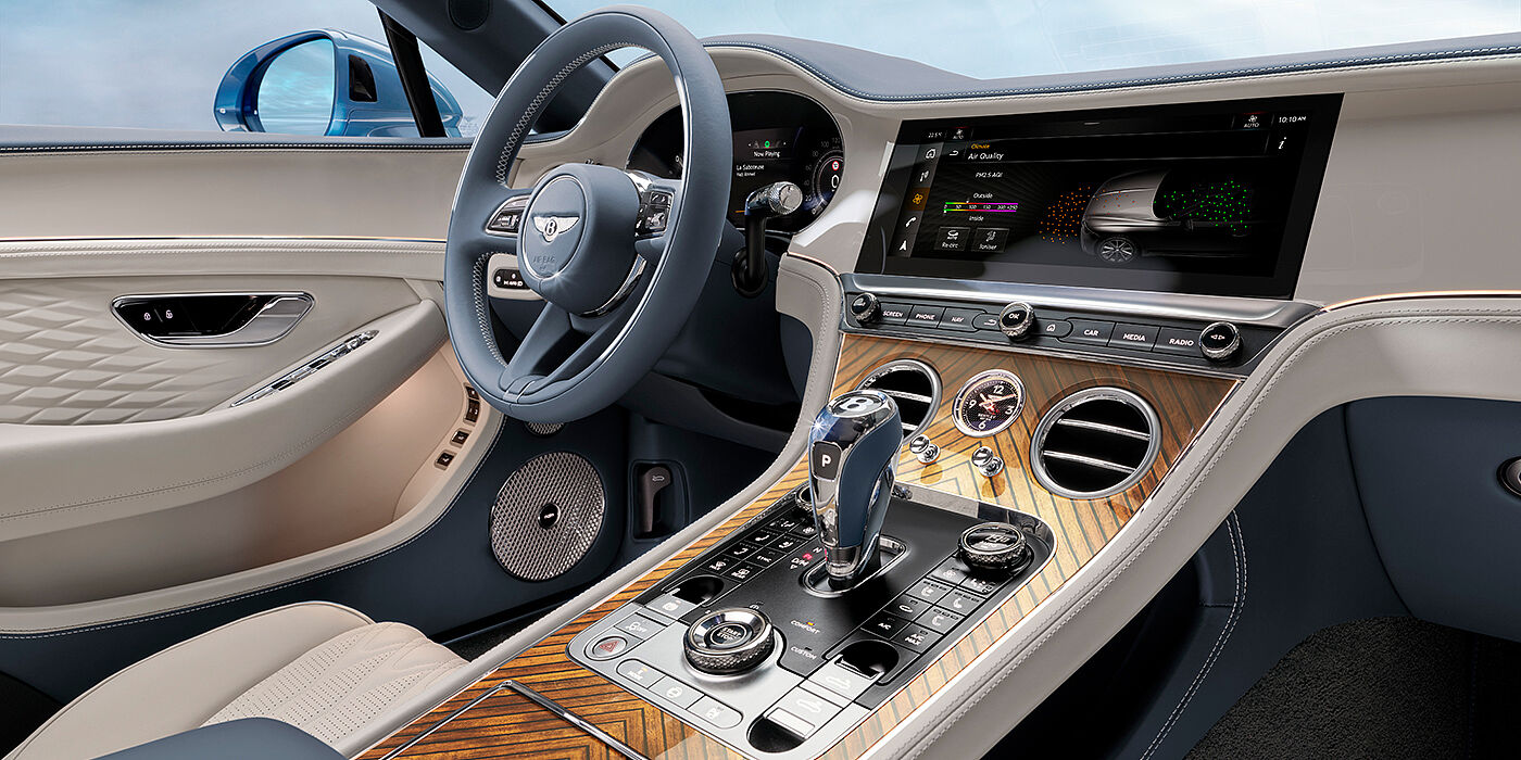 Bentley Manchester New Bentley Continental GTC Azure convertible interior front cabin view with Linen and Brunel hides and Piano Linen by Mulliner veneer featuring centre console and centre MMI screen