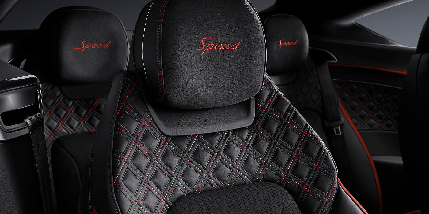 Bentley Manchester Bentley Continental GT Speed coupe seat close up in Beluga black and Hotspur red hide