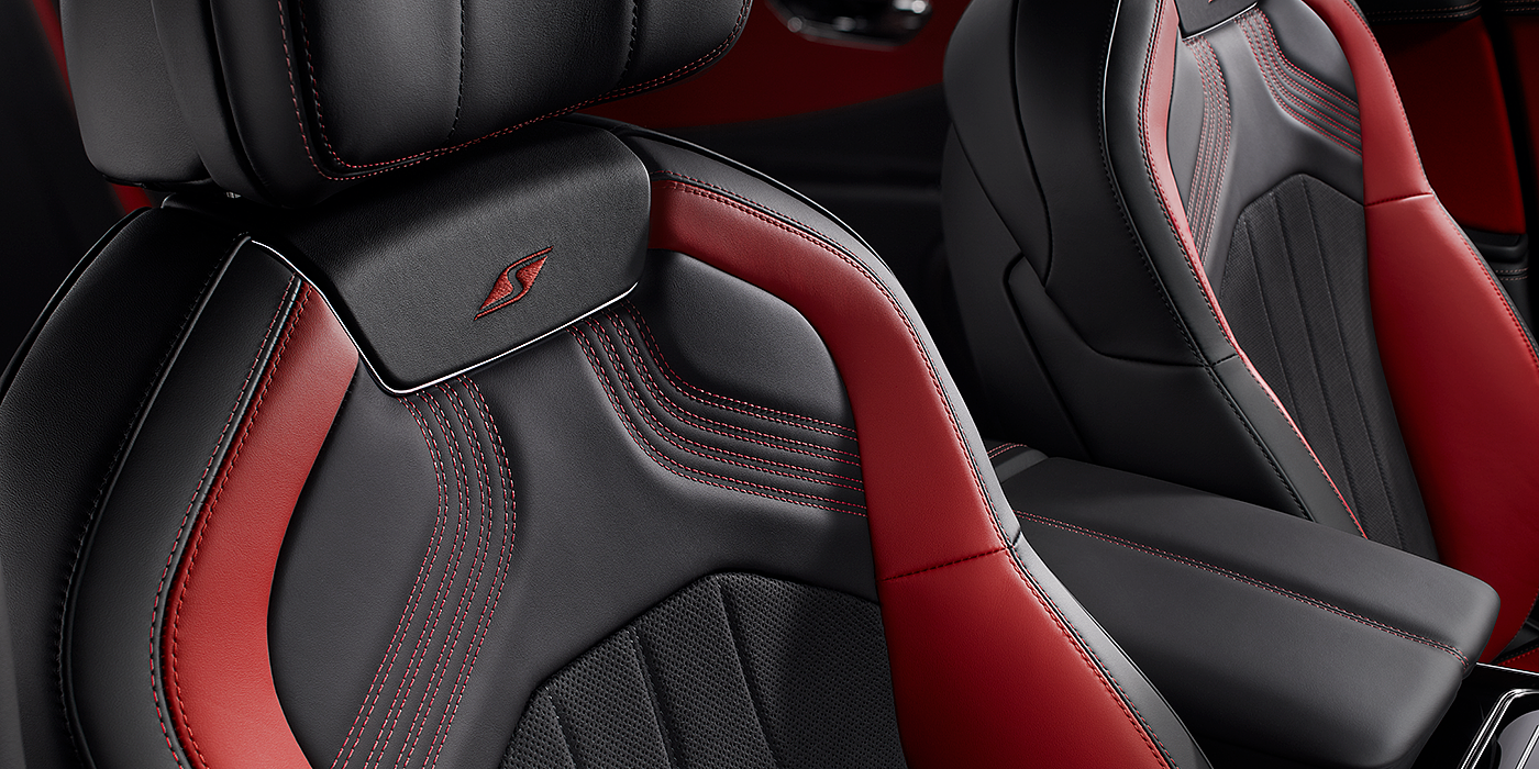 Bentley Manchester Bentley Flying Spur S seat in Beluga black and hotspur red hide with S emblem stitching