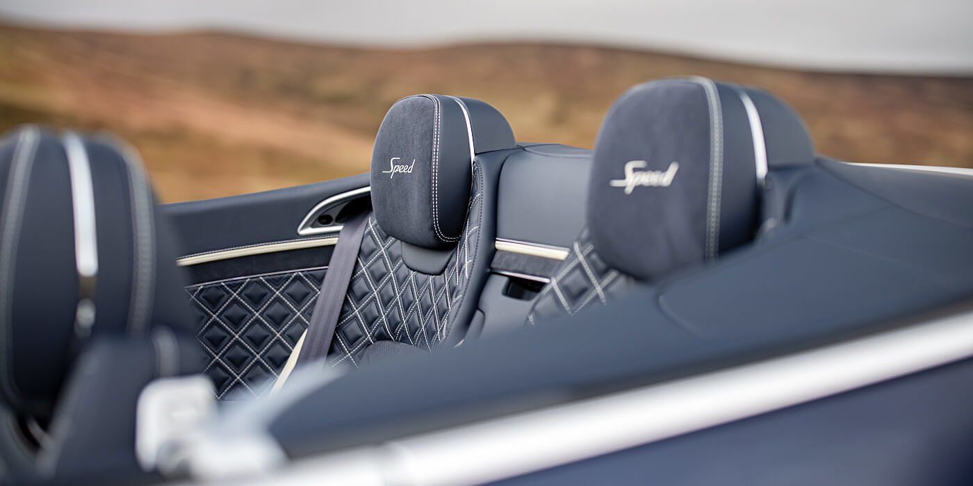 Bentley Manchester Bentley Continental GTC Speed convertible rear interior in Imperial Blue and Linen hide