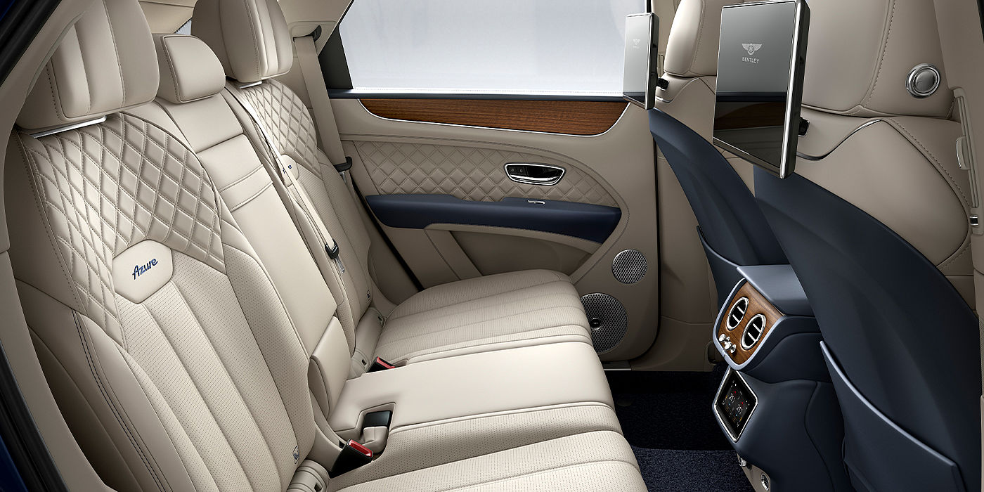 Bentley Manchester Bentley Bentayga Azure SUV rear interior in Imperial Blue and Linen hide