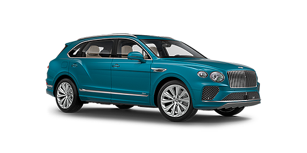 Bentley Manchester Bentley Bentayga EWB Azure front side angled view in Topaz blue coloured exterior. 