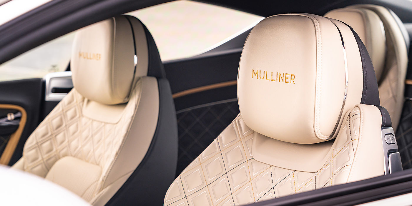 Bentley Manchester Bentley Continental GT Mulliner coupe seat detail in Beluga black and Linen hide