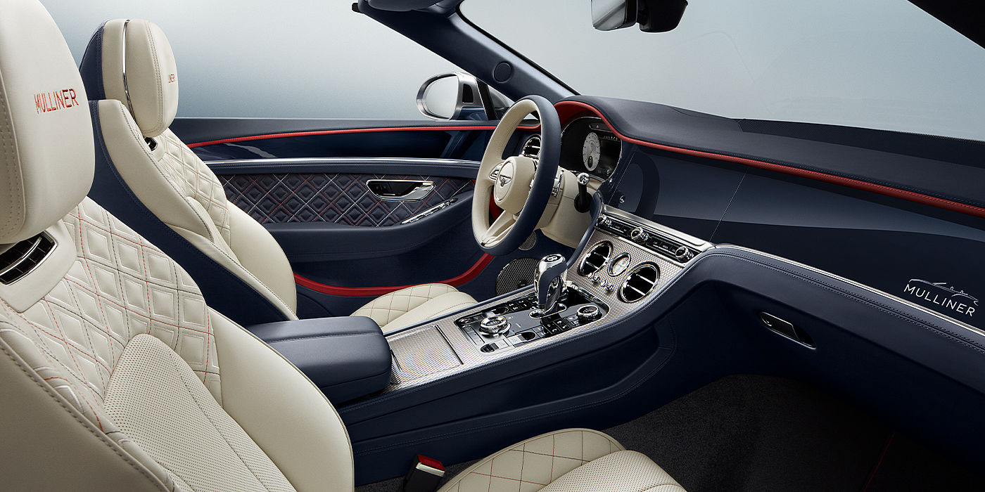 Bentley Manchester Bentley Continental GTC Mulliner convertible front interior in Imperial Blue and Linen hide
